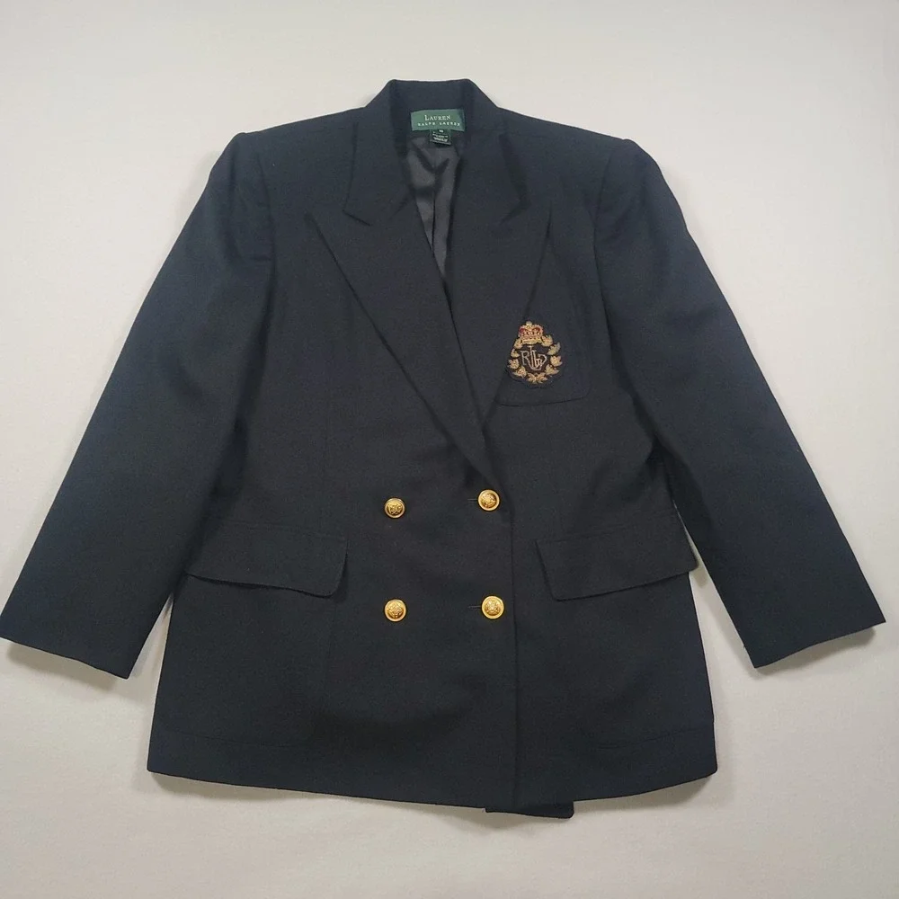 Vintage Lauren Ralph Lauren Navy Double Breasted Wool Crest Logo Blazer Size 16 - Picture 2 of 15